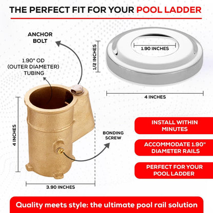 Anchor and Escutcheon Pool Rail Set | 4'" Anchor for 1.90" Outer Diameter Tubing | Brass Inground Pool Anchor | Anchor-Escutcheons Set - Master carton - 32 Units